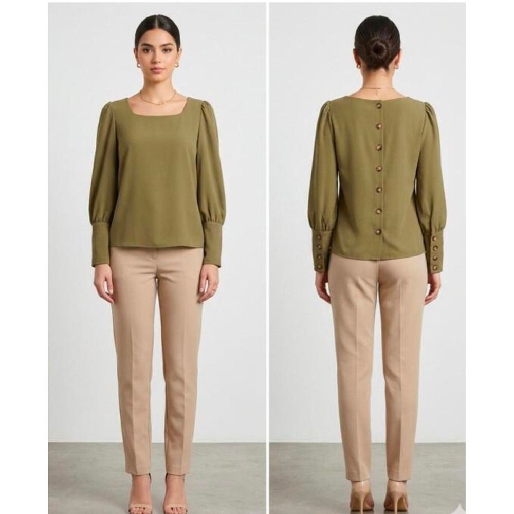 SHEIN Olive Green Square Neck Puff Sleeve Button Back Blouse Size S US 4